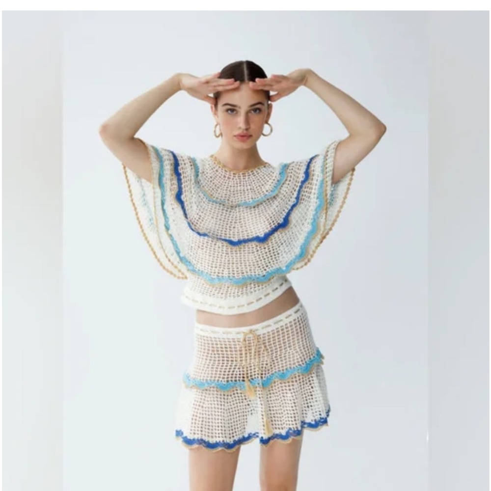 My Beachy Emily in Paris  Side Elegant Crochet Blouse - Cream and Blue